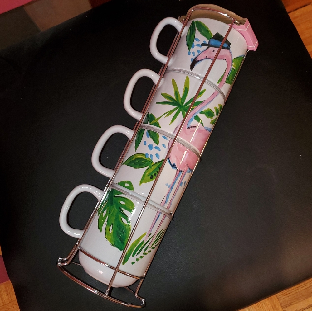 Stackable flamingo mugs with holder 4 mugs NWT - Picture 8 of 12
